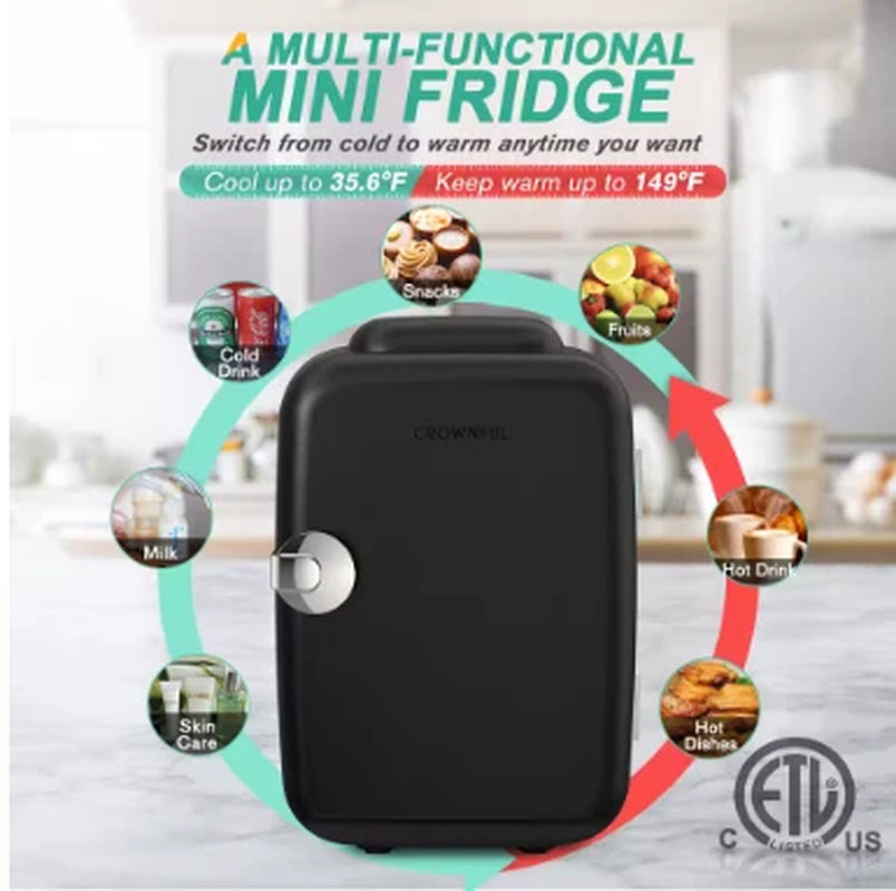 Crownful 4L Mini Fridge – AC/DC Portable Beauty Skincare Refrigerator with Cooling & Heating, 110V/220V Car & Home Mini Fridge for Makeup, Drinks