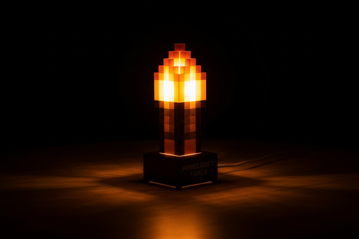 Minecraft pixel torch lamp with warm LED light, gaming room decoration night light