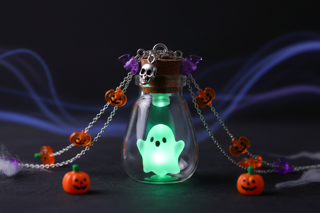 Glowing ghost Halloween necklace bottle pendant, fun cosplay jewelry gift for kids