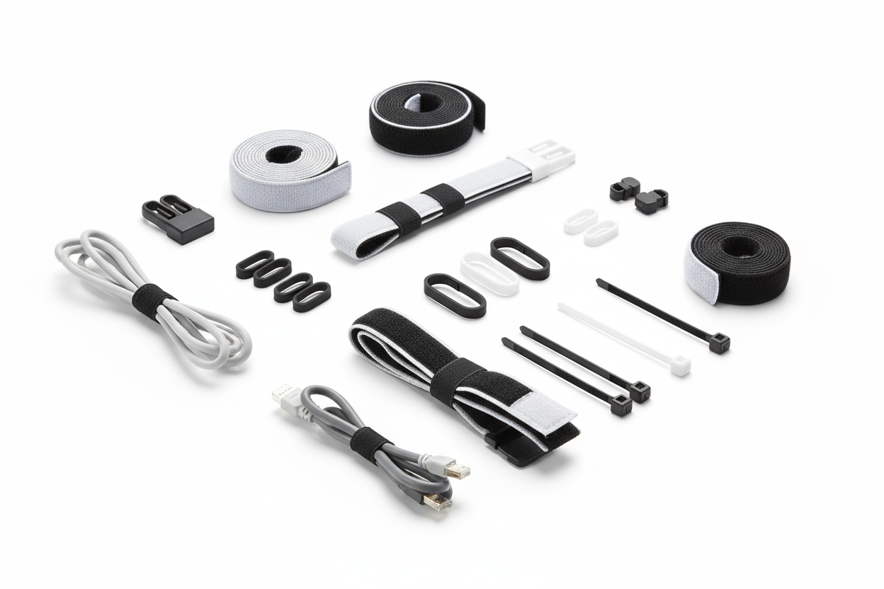 Black and white cable ties set for data cable management and desktop computer organization