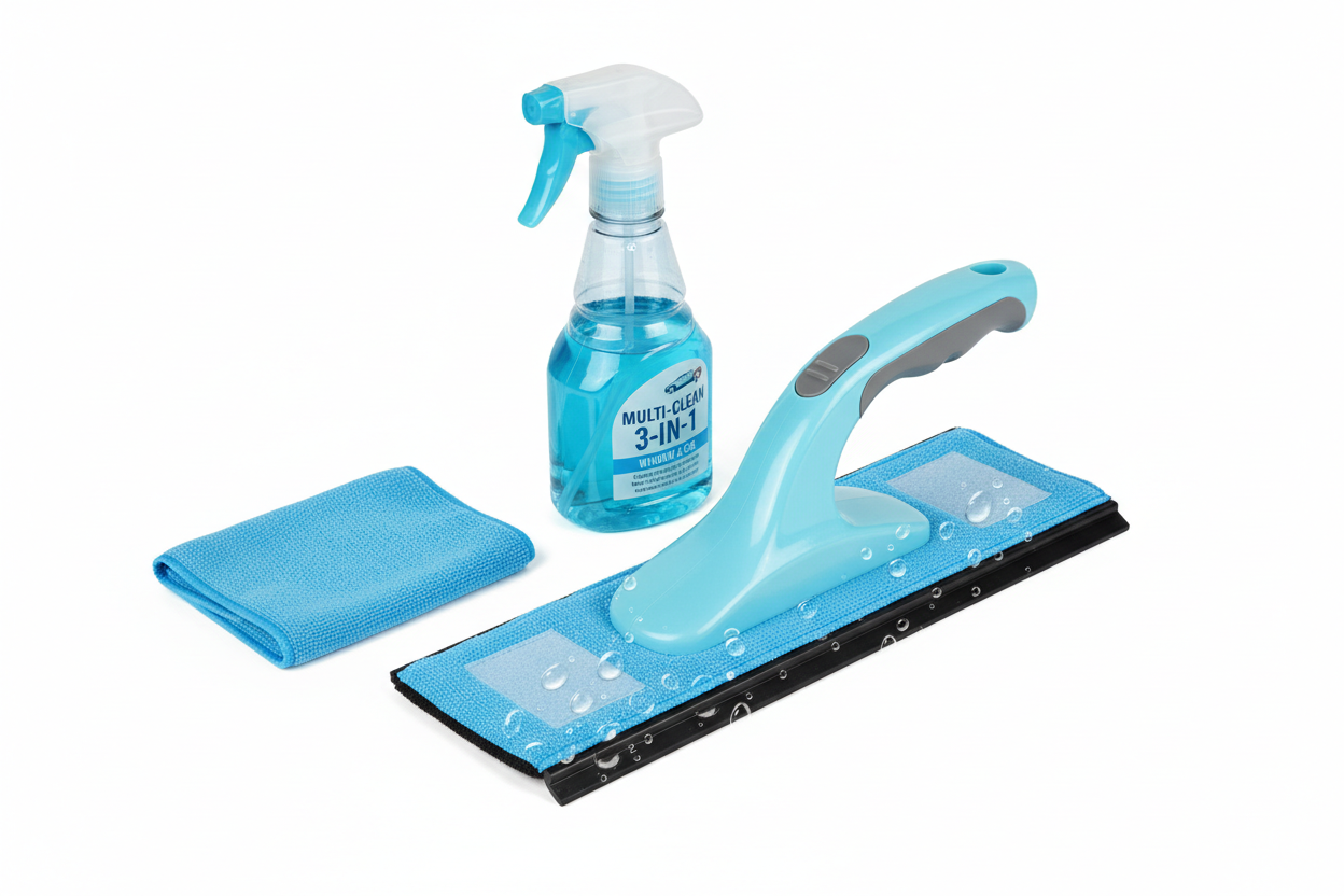 3-in-1 window cleaning squeegee with spray bottle and microfiber scrub for glass, mirror, household and car cleaning
