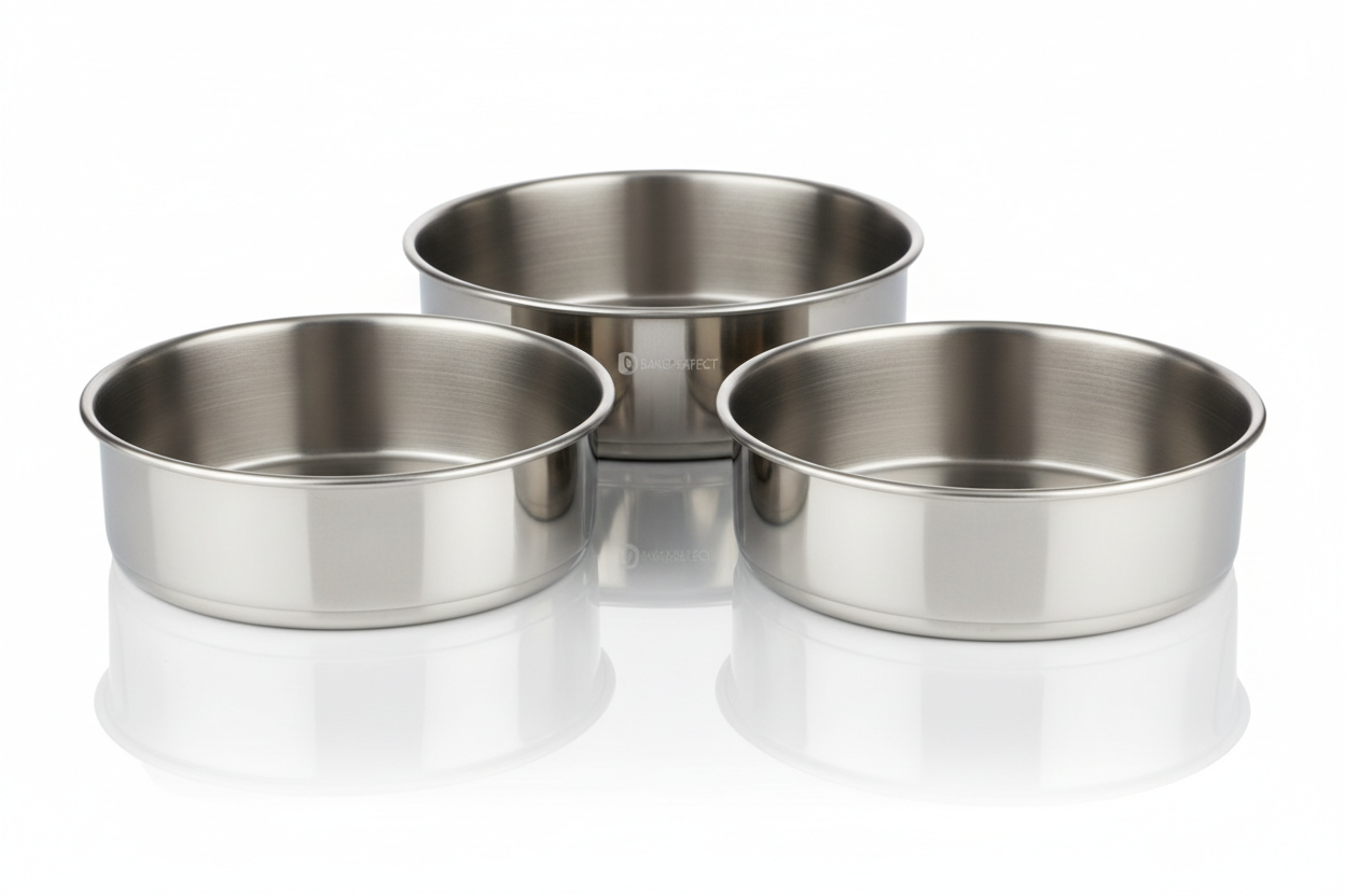 Set of 3 stainless steel 8 inch round cake pans, stackable even heating dishwasher safe bakeware tins