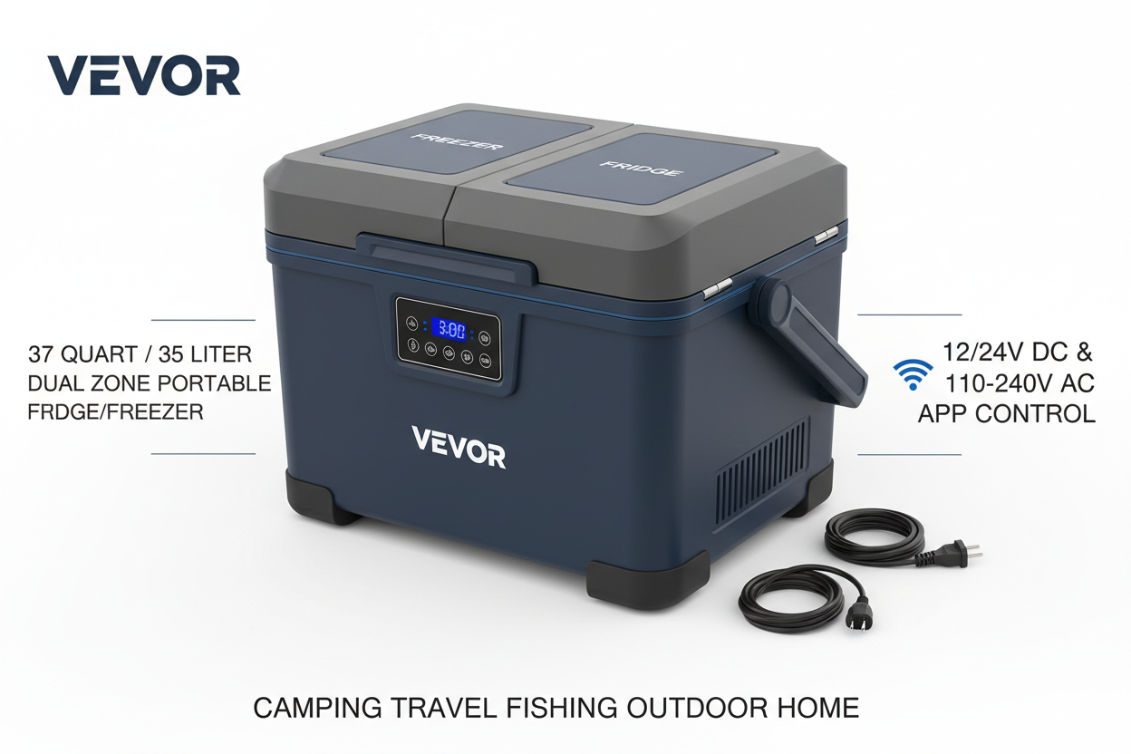 VEVOR portable refrigerator 37 quart 12 volt dual zone car fridge with app control for camping travel fishing and outdoor use