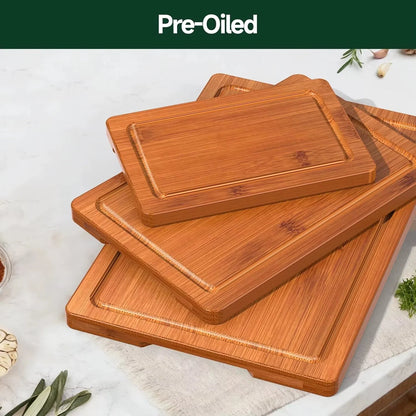 3-Piece Set Bamboo Cutting Board for Kitchen - Crack-Resistant Wood Chopping Boards with Deep Juice Grooves, Pre-Oiled Butcher Block for Meat, Vegetables & Cheese, Carbonized