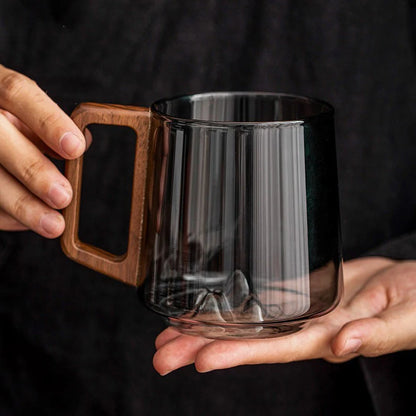 Guanshan Glass Single-Layer Side Wooden Handle Drinking Cups Household Large-Capacity Milk Tea Juice Single-Layer Cup Kitchen Gadgets