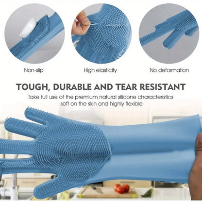 Multi-Surface Blue Silicone Cleaning Gloves (31×16Cm) - Scrubber Bristles for Kitchen, Bathroom & Car Cleaning