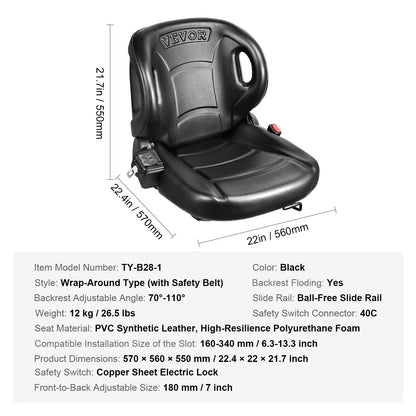 VEVOR Universal Forklift Seat,Tractor Seat with Adjustable Angle Back, Micro Switch and Seatbelt,Wrap-Around Forklift Seat for Tractor Loader Excavator