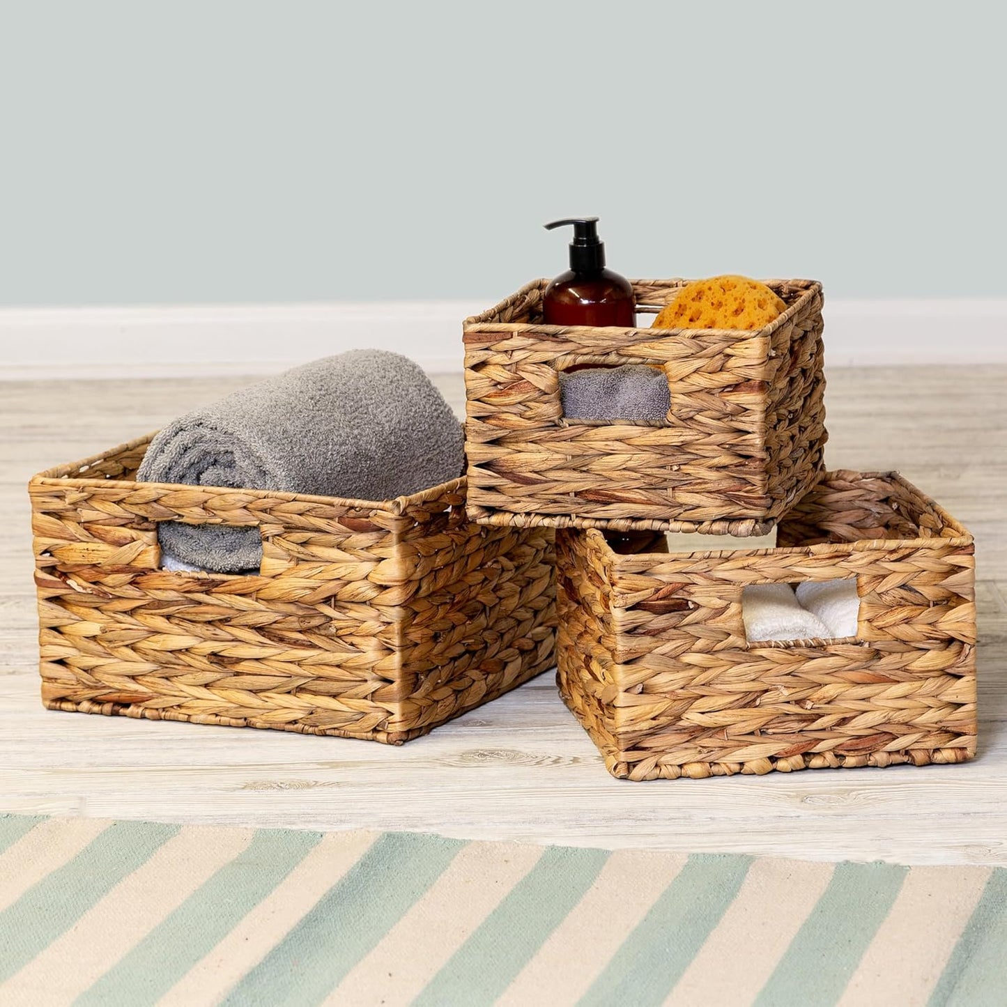 Banana Leaf Storage Baskets –Water Hyacinth Woven Basket, Decorative Baskets for Shelves, Basket for Gifts, Closet, Pantry, and Home Organization, Set of 3, Multi-Size