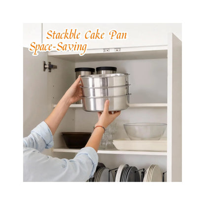 Set of 3 Stainless Steel Cake Pans - 8 Inch round Layer Cake Baking Pan Molds, Stackable Even Heating Baking Set, Dishwasher Safe Bakeware Tins for Home Bakers, Birthday Party Wedding
