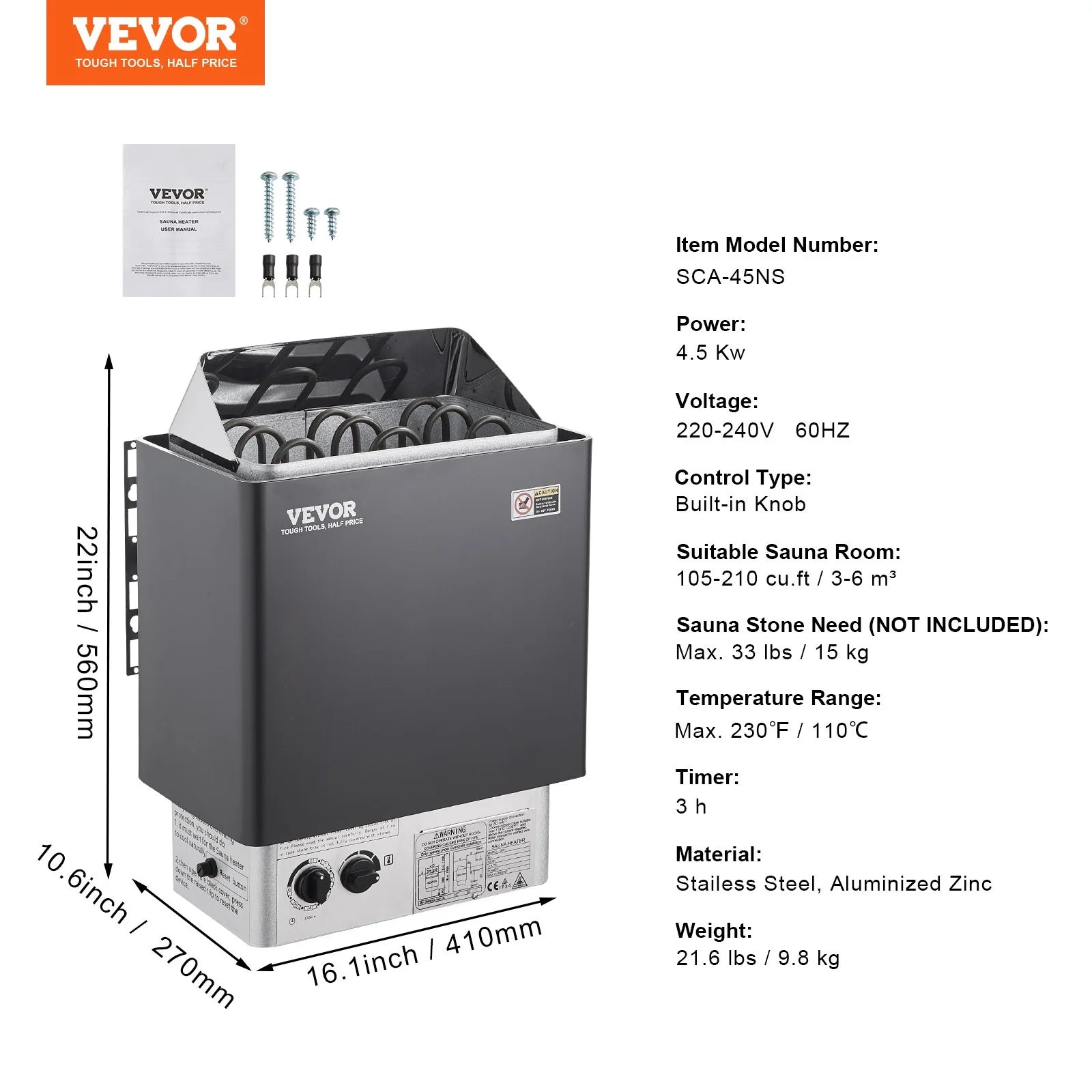 VEVOR Sauna Heater, 4.5KW 220V Electric Sauna Stove, Steam Bath Sauna Heater with Built-In Controls, 3H Timer and Adjustable Temp for Max. 105-210 Cubic Feet, Home Hotel Spa Shower Use, FCC Certification