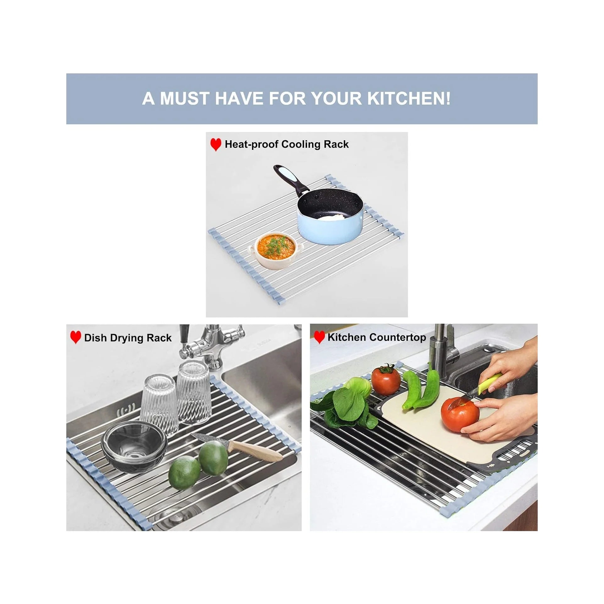 Over the Sink Dish Drying Rack, Roll up Dish Drying Rack Kitchen Dish Rack Stainless Steel Sink Drying Rack, Foldable Dish Drainer