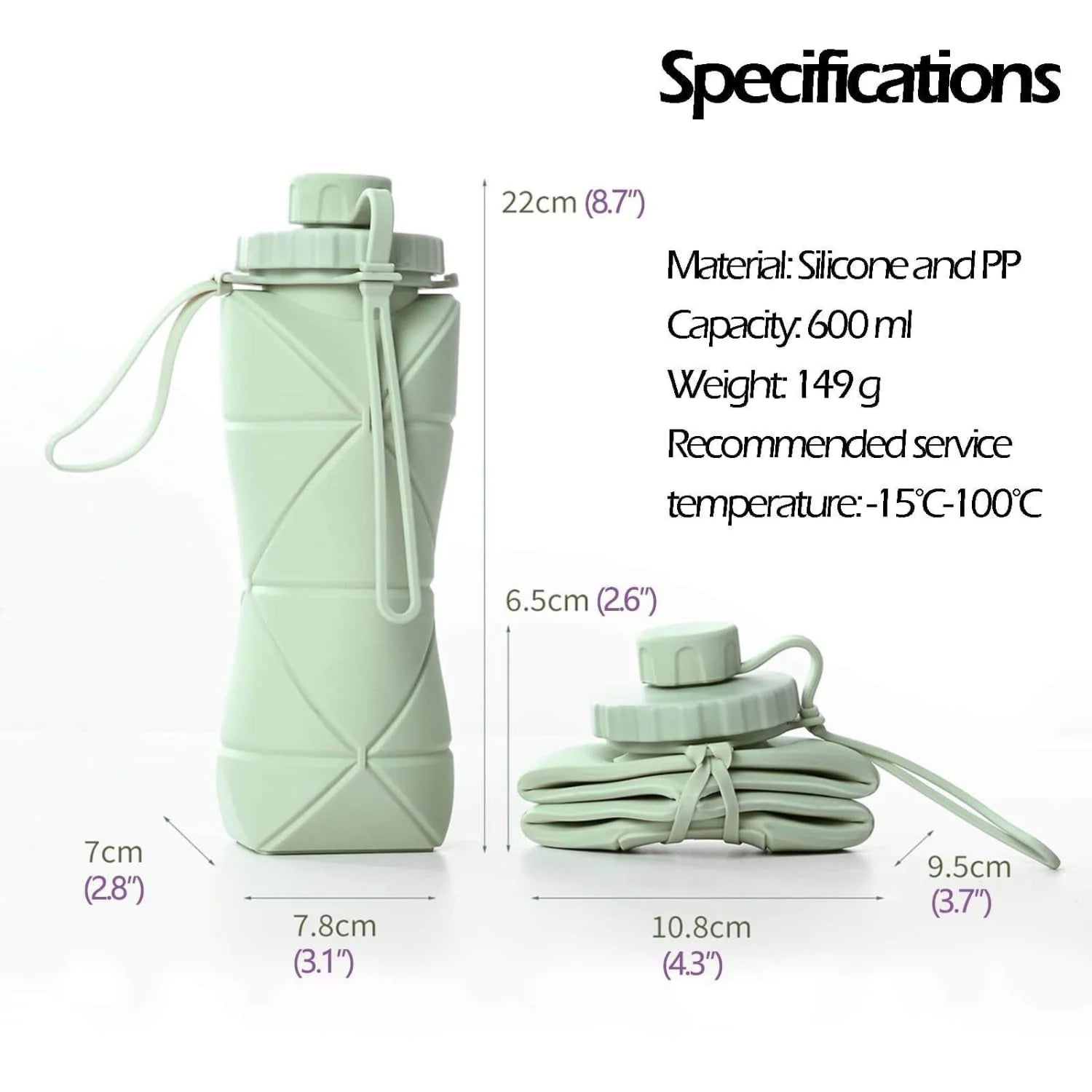 600Ml Collapsible Silicone Water Bottle ‚Äì Bpa-Free Foldable Travel Flask (Light Green)