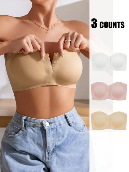 Women'S Solid / Leopard Print Strapless Bra, Wireless Push up Bra, Basic Casual Comfortable Breathable Scallop Trim Hook & Eye Front Bralette, Pastel Lingerie for All Seasons, Light Womenswear, Lady Bra Pack, Underwear