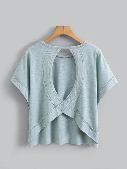 Women'S Plain Cut Out Asymmetrical Hem Batwing Sleeve Tee, Casual Short Sleeve round Neck T-Shirt for Summer, Ladies Clothes for Daily Wear, Tops, Womenswear