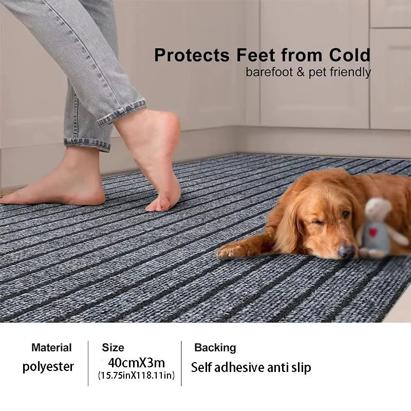 40Cm × 3M DIY Self-Adhesive Kitchen Floor Mat – Solid Color Striped Non-Slip Carpet Roll – Door Mat for Kitchen, Hallway, Bedroom & Home Decoration Rug