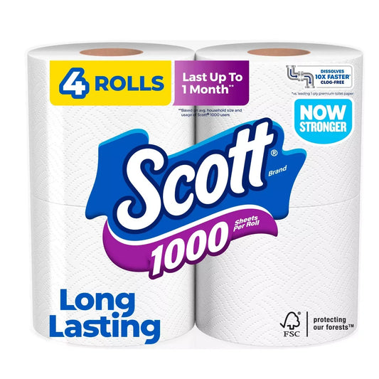1000 Septic-Safe 1-Ply Toilet Paper - 4 Rolls: 1000 Sheets per Roll
