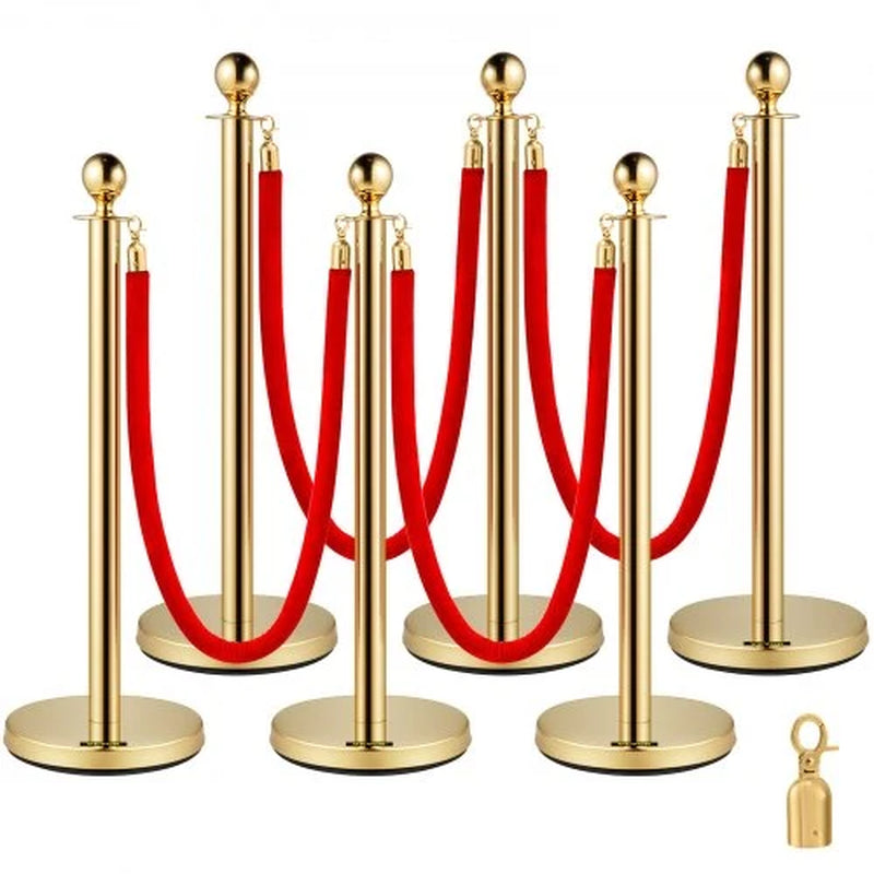 VEVOR 6 PCS Gold Stanchions Posts Stainless Steel Stanchion Queue Post Red Rope Retractable 38In for Both Indoor and Outdoor Use.
