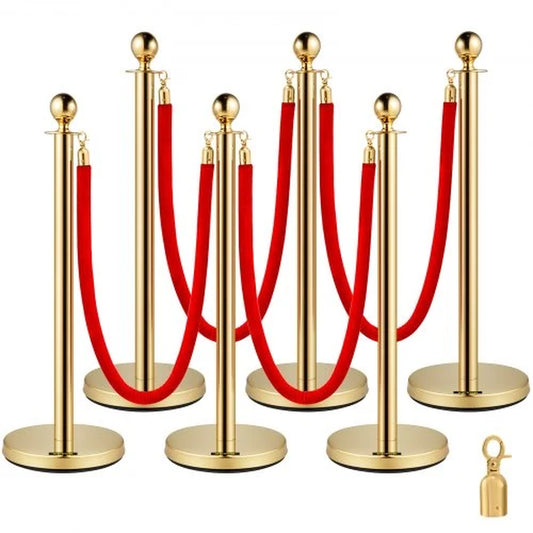 VEVOR 6 PCS Gold Stanchions Posts Stainless Steel Stanchion Queue Post Red Rope Retractable 38In for Both Indoor and Outdoor Use.