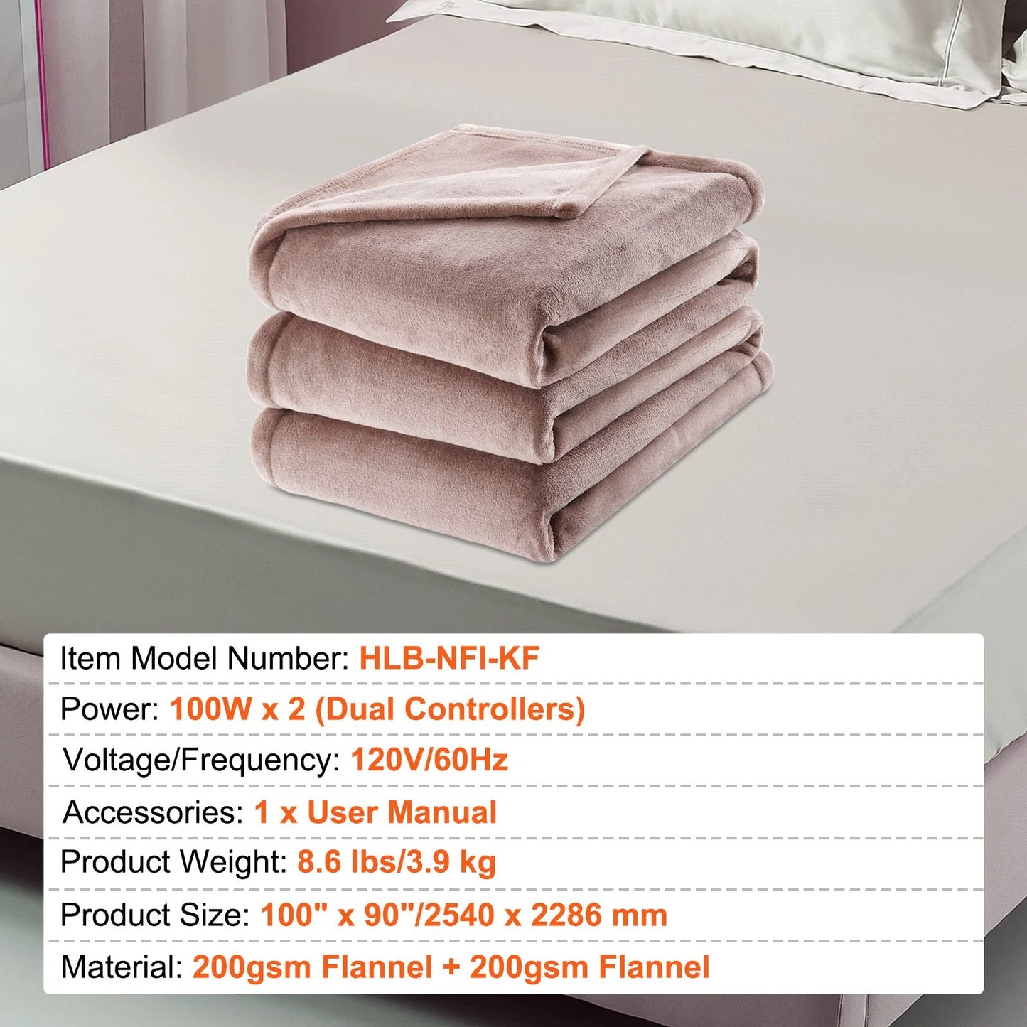 VEVOR Heated Blanket Electric Throw, 100 X 90 King Size, Soft Flannel Heating Blanket with 10 Hours Timer Auto-Off & 5 Heating Levels, Dual Control, Machine Washable, ETL & FCC Certification (Beige)