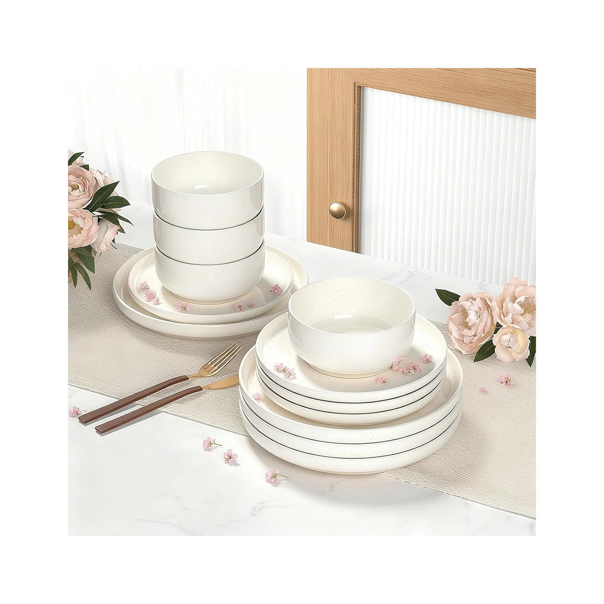Plates and Bowls Sets, Dinnerware Sets for 4, 12 Pieces Scratch Resistant Dishware Dishes Set, Ceramic Kitchen Dinner Set, Porcelain & Microwave and Dishwasher Safe, Cream White