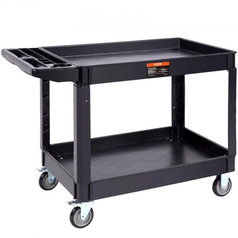 VEVOR Utility Service Cart, 2 Shelf 550LBS Heavy Duty Plastic Rolling Utility Cart with 360¡Ã Swivel Wheels (2 with Brakes), Large Lipped Shelf, Ergonomic Storage Handle for Warehouse/Garage/Cleaning