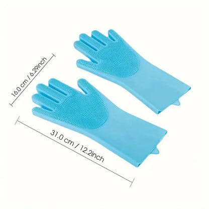 Multi-Surface Blue Silicone Cleaning Gloves (31×16Cm) - Scrubber Bristles for Kitchen, Bathroom & Car Cleaning