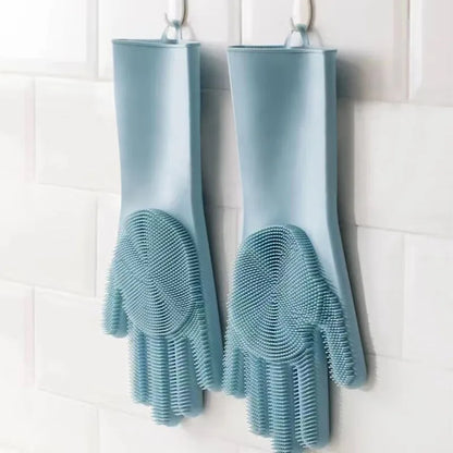 Multi-Surface Blue Silicone Cleaning Gloves (31×16Cm) - Scrubber Bristles for Kitchen, Bathroom & Car Cleaning
