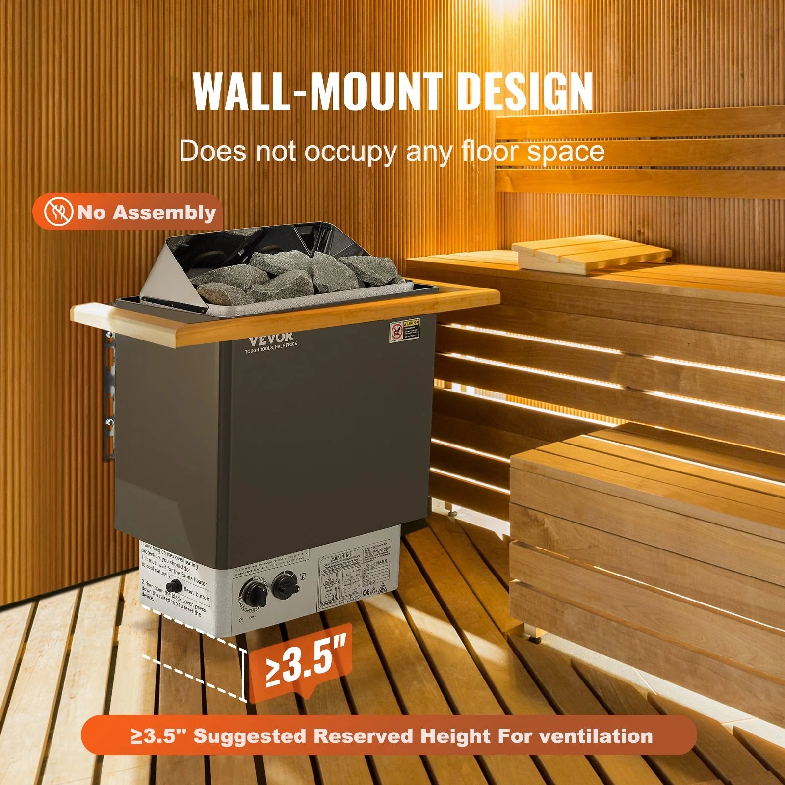 VEVOR Sauna Heater, 4.5KW 220V Electric Sauna Stove, Steam Bath Sauna Heater with Built-In Controls, 3H Timer and Adjustable Temp for Max. 105-210 Cubic Feet, Home Hotel Spa Shower Use, FCC Certification