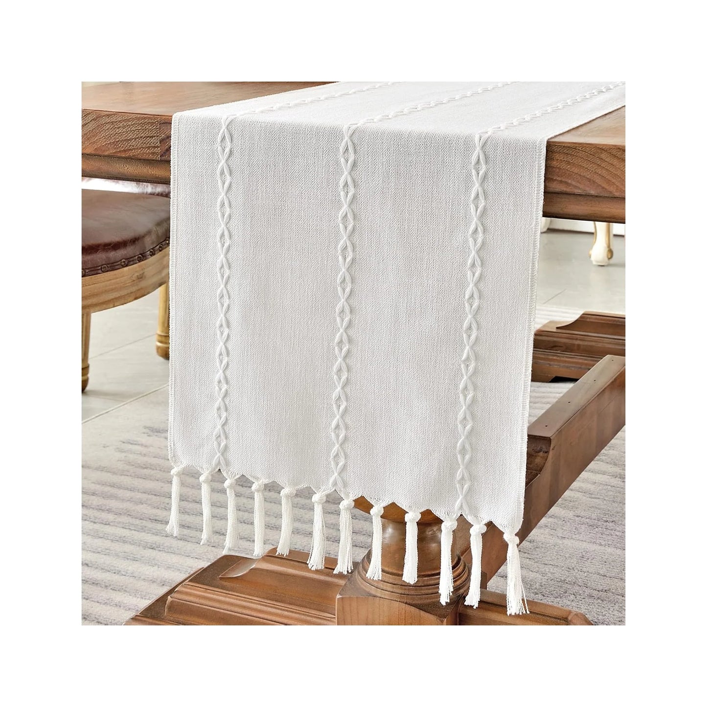 Rustic Linen Table Runner Farmhouse Style Table Runners 72 Inches Long Embroidered Table Runner with Hand-Tassels for Party, Dresser Decor and Dining Room Decorations