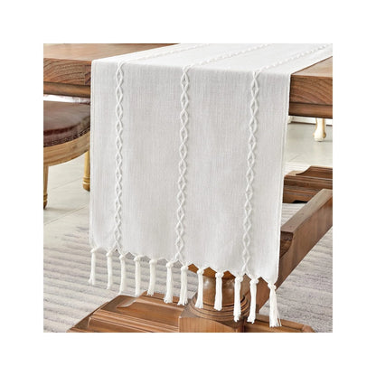 Rustic Linen Table Runner Farmhouse Style Table Runners 72 Inches Long Embroidered Table Runner with Hand-Tassels for Party, Dresser Decor and Dining Room Decorations