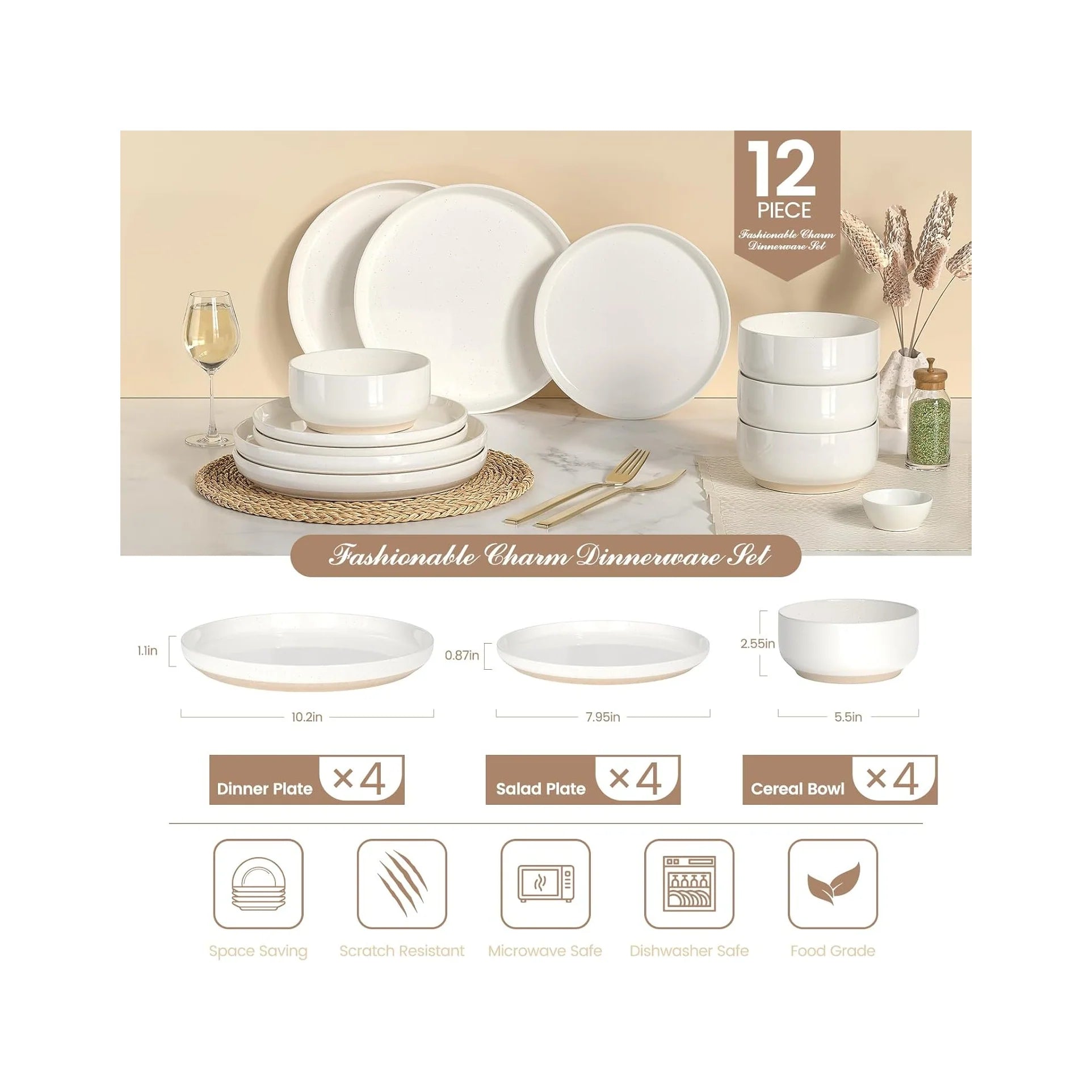 Plates and Bowls Sets, Dinnerware Sets for 4, 12 Pieces Scratch Resistant Dishware Dishes Set, Ceramic Kitchen Dinner Set, Porcelain & Microwave and Dishwasher Safe, Cream White