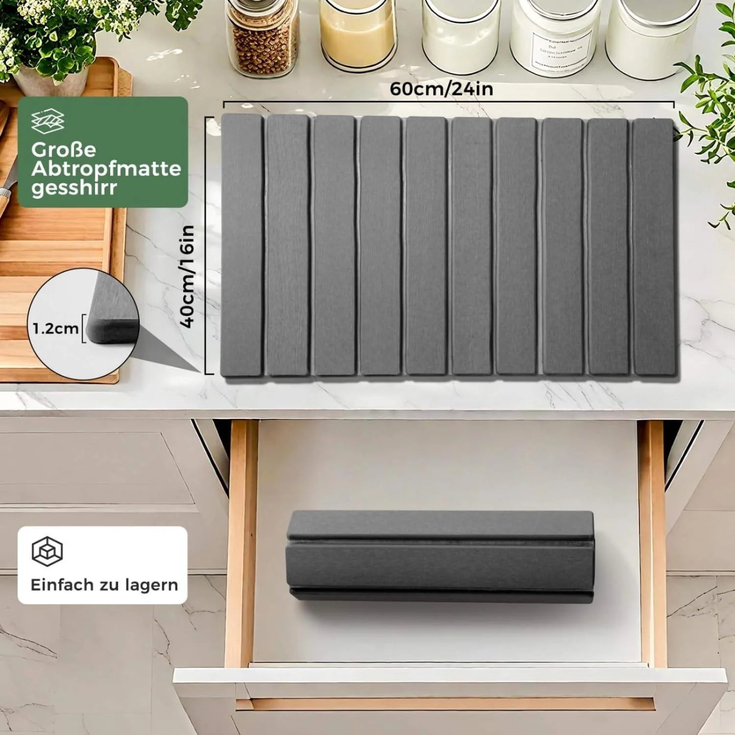 Diatomite Stone Dish Drying Mat for Kitchen Counter (24" X 16") ‚Äì Foldable Roll-Up Diatomaceous Earth Fast Drying Board, Super Absorbent Heat-Resistant Mat for Tableware, Cups & Bathroom (Dark Gray)