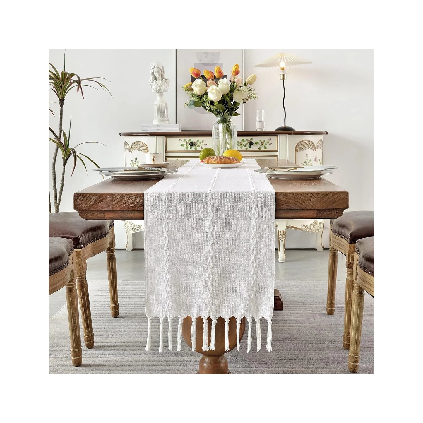 Rustic Linen Table Runner Farmhouse Style Table Runners 72 Inches Long Embroidered Table Runner with Hand-Tassels for Party, Dresser Decor and Dining Room Decorations