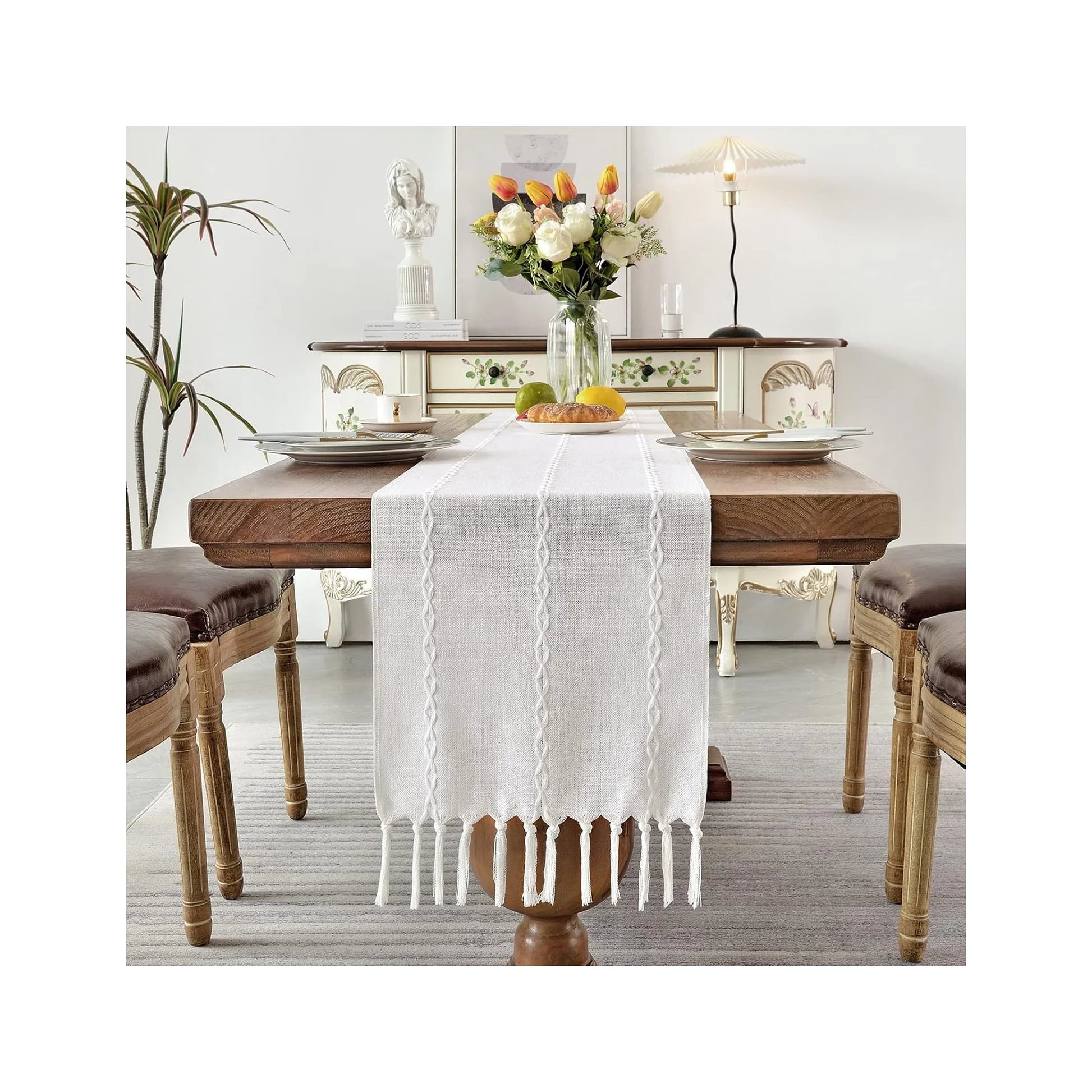 Rustic Linen Table Runner Farmhouse Style Table Runners 72 Inches Long Embroidered Table Runner with Hand-Tassels for Party, Dresser Decor and Dining Room Decorations