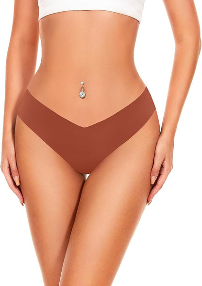 Front view of a seamless V-front thong in terracotta on a model
