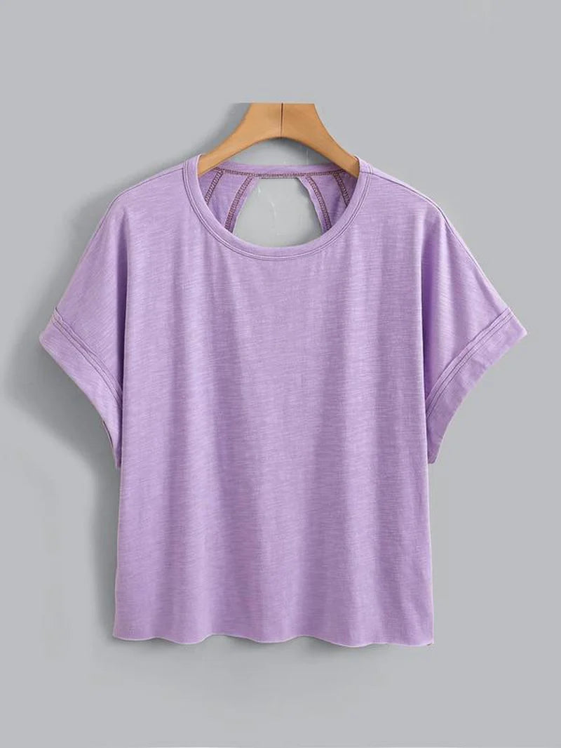 Women'S Plain Cut Out Asymmetrical Hem Batwing Sleeve Tee, Casual Short Sleeve round Neck T-Shirt for Summer, Ladies Clothes for Daily Wear, Tops, Womenswear