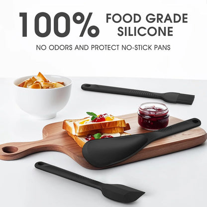 Silicone Cooking Utensils Set - 600°F Heat Resistant, Nonstick Kitchen Utensil Set with Spatulas, Spoons, Whisk, Tongs, BPA Free, Dishwasher Safe, Black