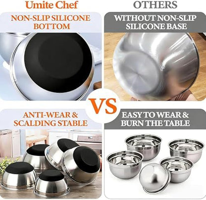 Thickened Heavy-Duty 26Pcs Stainless Steel Bowl, Mixing Bowl Set with Lid, Grater Attachment, Non-Slip Bottom and Kitchen Gadget Set, Sizes 7, 4, 2.5, 2.0, 1.5, 1QT, Ideal for Mixing and Serving