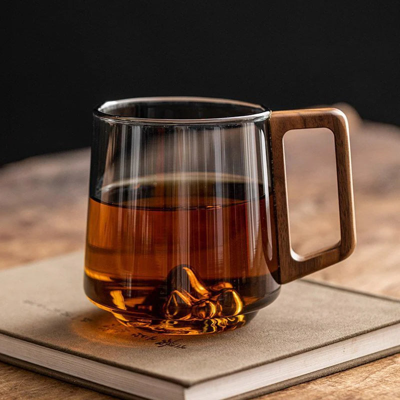 Guanshan Glass Single-Layer Side Wooden Handle Drinking Cups Household Large-Capacity Milk Tea Juice Single-Layer Cup Kitchen Gadgets