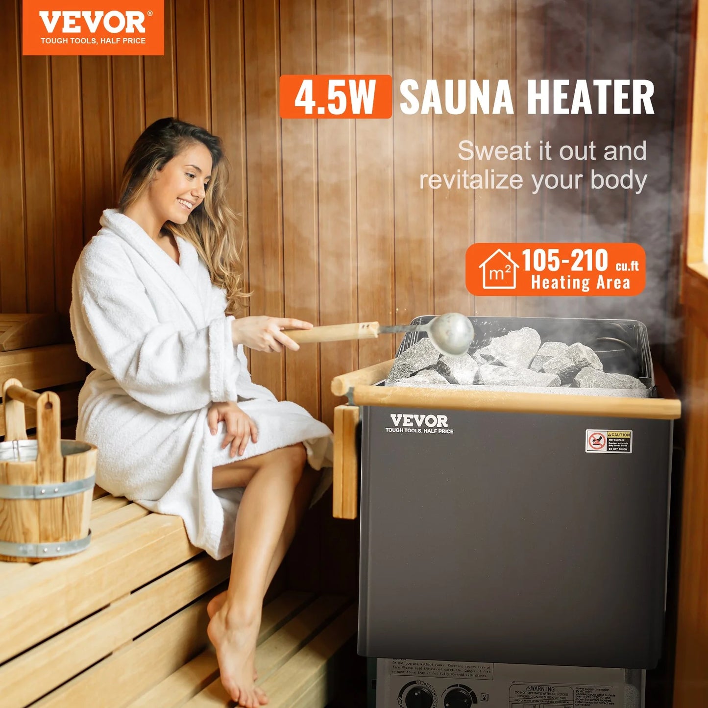 VEVOR Sauna Heater, 4.5KW 220V Electric Sauna Stove, Steam Bath Sauna Heater with Built-In Controls, 3H Timer and Adjustable Temp for Max. 105-210 Cubic Feet, Home Hotel Spa Shower Use, FCC Certification