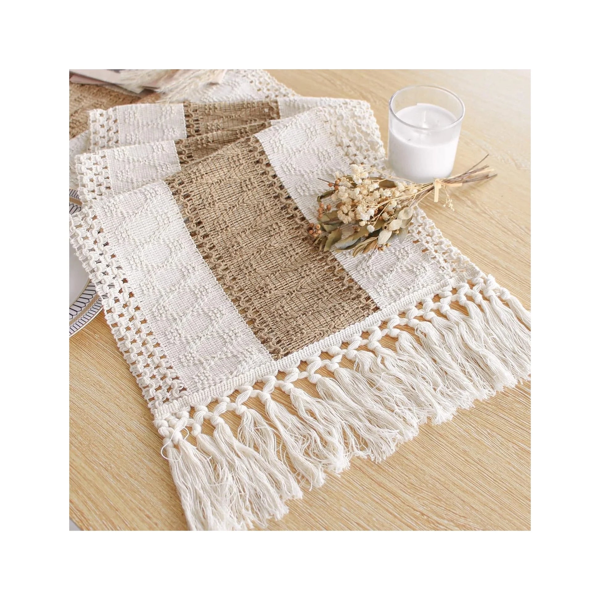 Boho Table Runner for Thanksgiving Fall Christmas Home Decor with Tassels 72 Inches Long Pottery Barn Furniture Farmhouse Rustic Macrame Burlap Table Decoration for Living Room