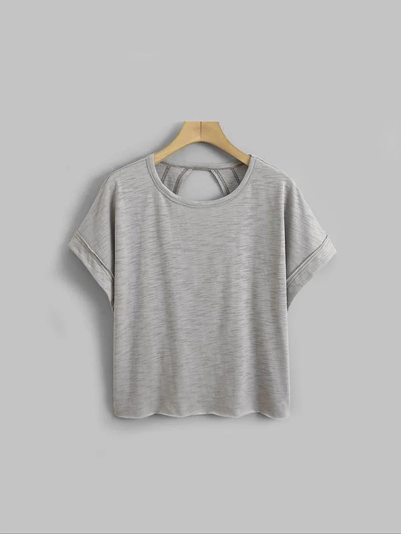 Women'S Plain Cut Out Asymmetrical Hem Batwing Sleeve Tee, Casual Short Sleeve round Neck T-Shirt for Summer, Ladies Clothes for Daily Wear, Tops, Womenswear