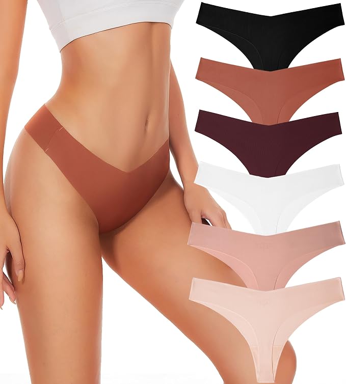 Woman wearing a seamless V-front thong in terracotta, with six color options displayed: black, terracotta, burgundy, white, mauve, and pink