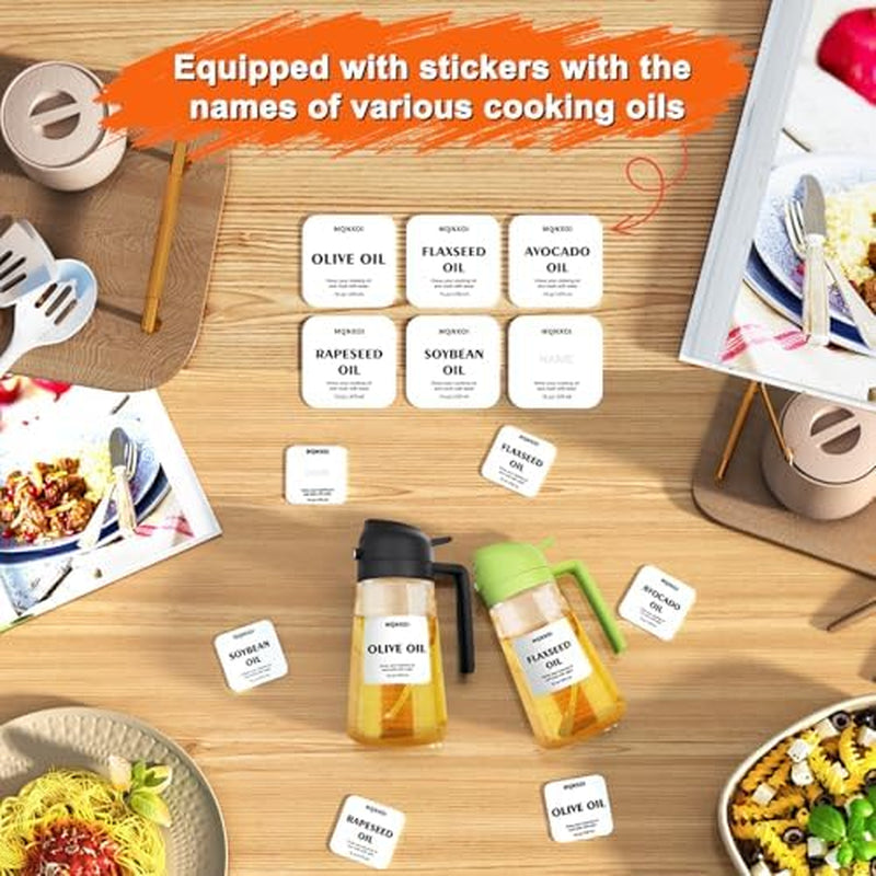 2 in 1 Glass Oil Sprayer & Dispenser,16Oz/470Ml Olive Cooking, Air Fryer, and Salad, for Kitchen Gadgets and Air Fryer Accessories, W/Stickers (Black)