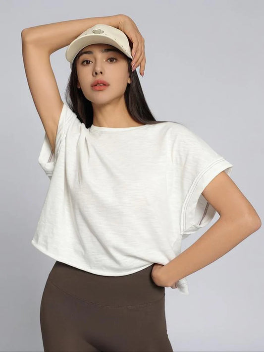 Women'S Plain Cut Out Asymmetrical Hem Batwing Sleeve Tee, Casual Short Sleeve round Neck T-Shirt for Summer, Ladies Clothes for Daily Wear, Tops, Womenswear