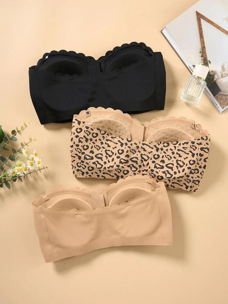 Women'S Solid / Leopard Print Strapless Bra, Wireless Push up Bra, Basic Casual Comfortable Breathable Scallop Trim Hook & Eye Front Bralette, Pastel Lingerie for All Seasons, Light Womenswear, Lady Bra Pack, Underwear