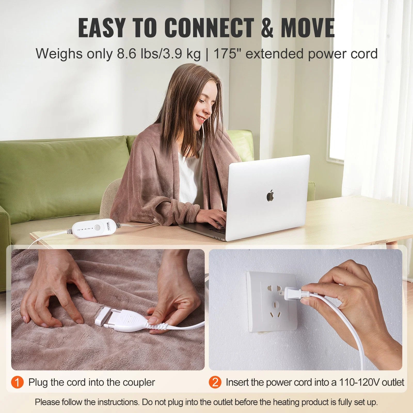 VEVOR Heated Blanket Electric Throw, 100 X 90 King Size, Soft Flannel Heating Blanket with 10 Hours Timer Auto-Off & 5 Heating Levels, Dual Control, Machine Washable, ETL & FCC Certification (Beige)