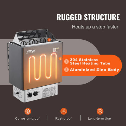 VEVOR Sauna Heater, 4.5KW 220V Electric Sauna Stove, Steam Bath Sauna Heater with Built-In Controls, 3H Timer and Adjustable Temp for Max. 105-210 Cubic Feet, Home Hotel Spa Shower Use, FCC Certification