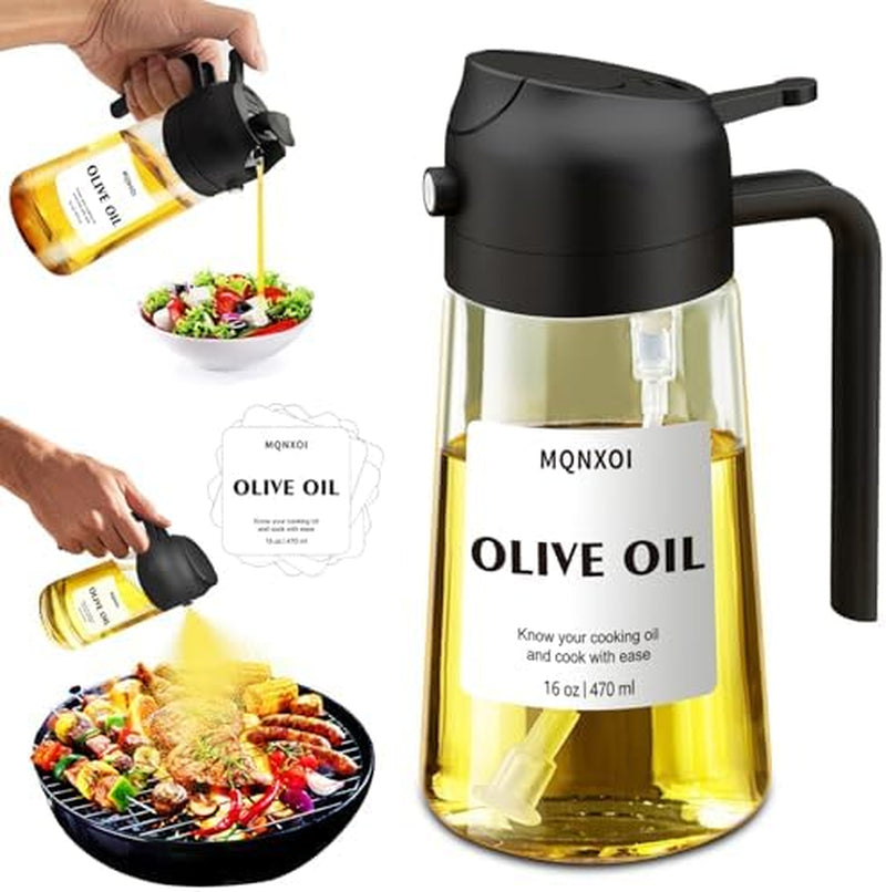 2 in 1 Glass Oil Sprayer & Dispenser,16Oz/470Ml Olive Cooking, Air Fryer, and Salad, for Kitchen Gadgets and Air Fryer Accessories, W/Stickers (Black)