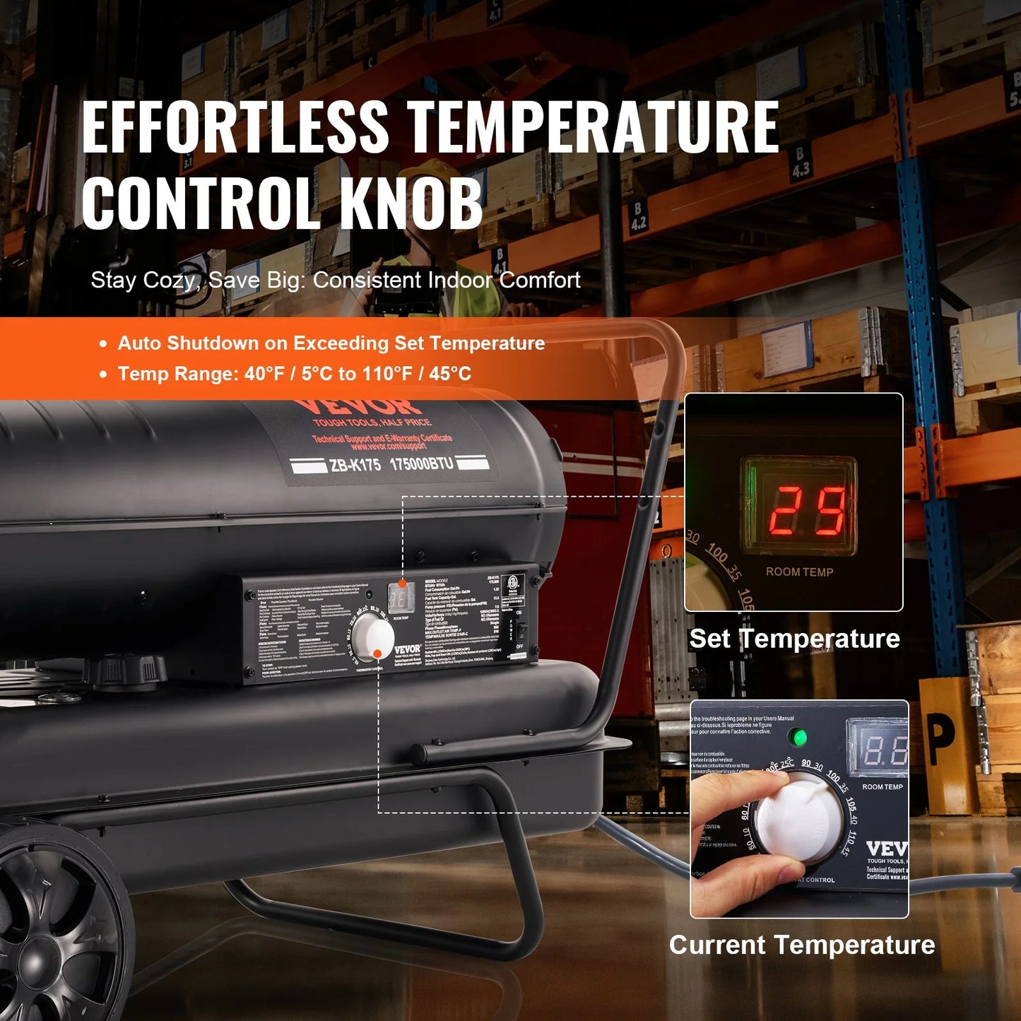 VEVOR Kerosene Forced Air Heater, 175000 BTU Portable Air Space Heater with Thermostat, 13.2 Gallon Tank Energy-Efficient Heavy-Duty Heater, for Indoor Outdoor Use Workshop Industry